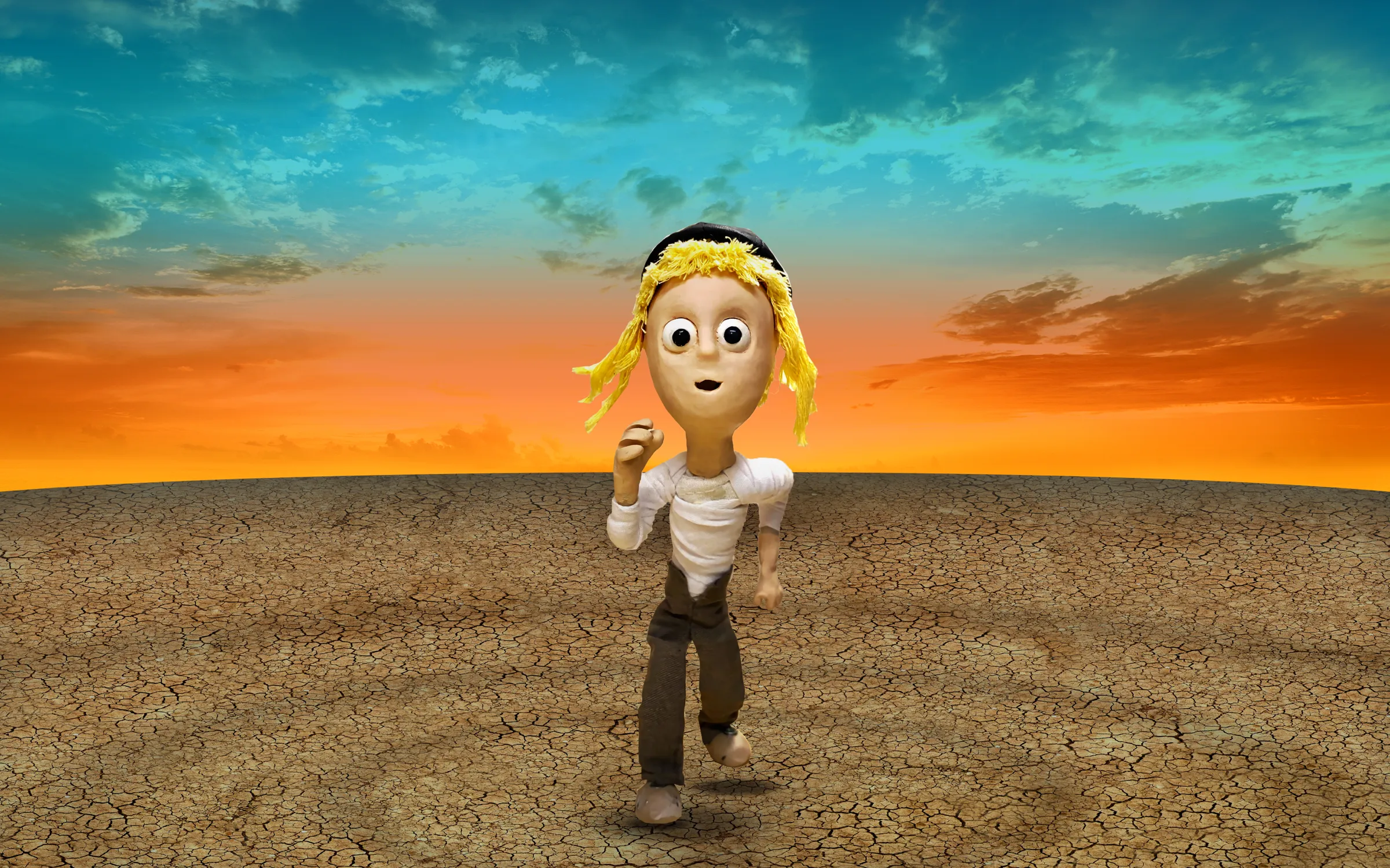 Yonah — hand-sculpted clay character composited into a desert landscape